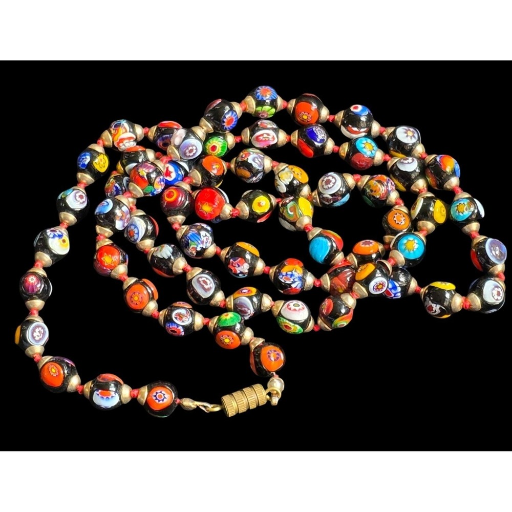 Vintage Murano Millefiori Venetian Art Glass Round Bead Necklace Multi-Color 32"
